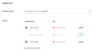 Podlove Asset-Überprüfung mit Fehlern.